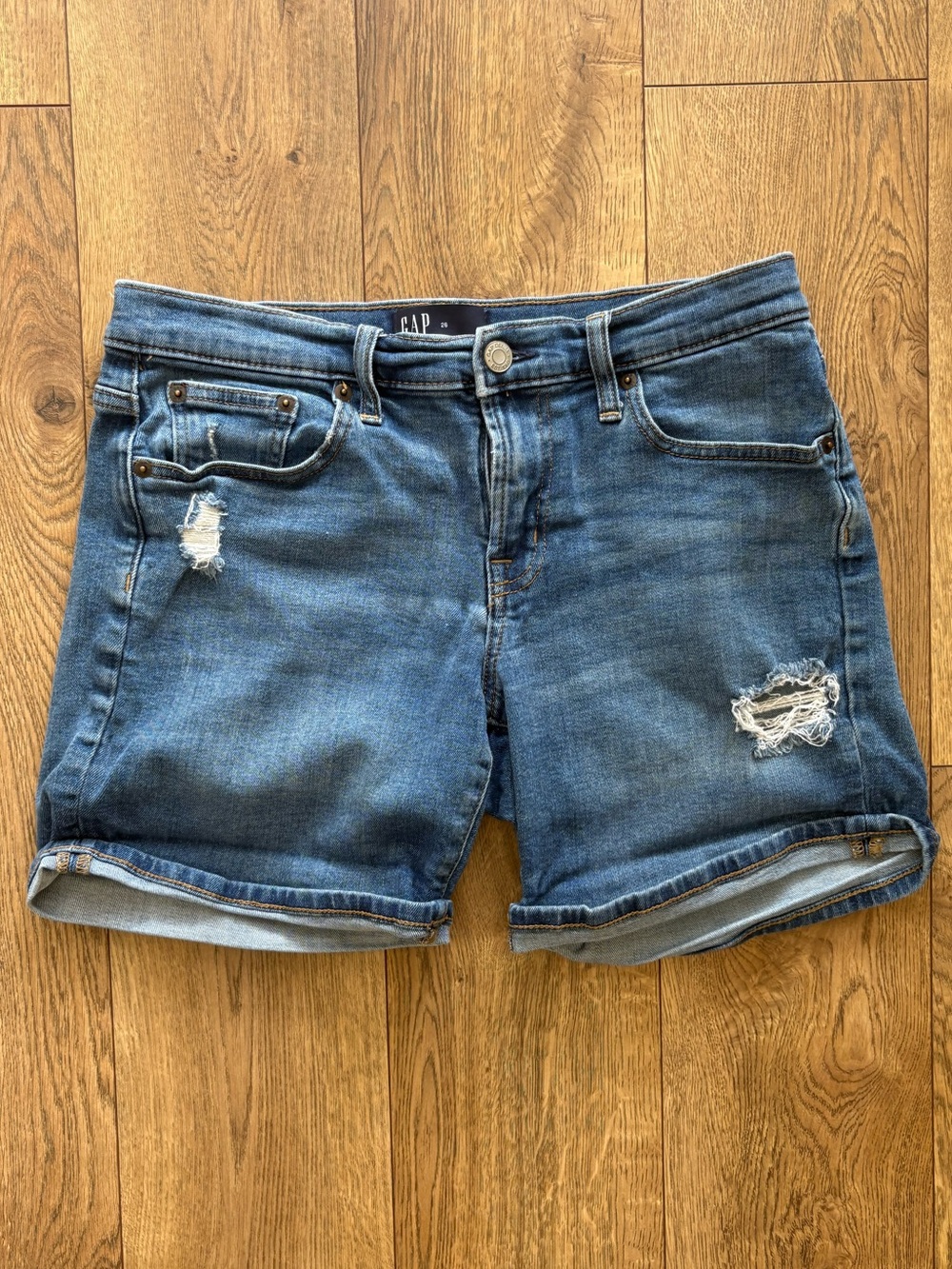 GAP Women's Rolled-Hem Distressed Denim Shorts - Medium Blue